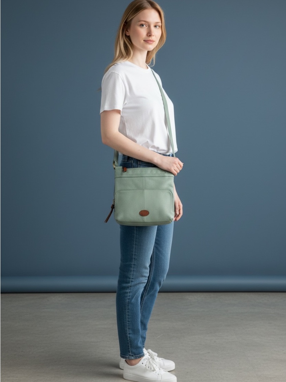 Fossil Sea Green  Leather Crossbody with Brown Leather Trim